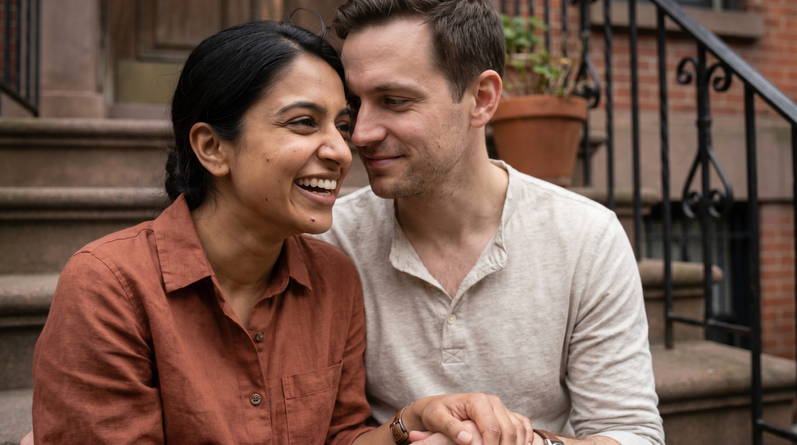 A couple sharing a warm candid moment on a brownstone stoop
