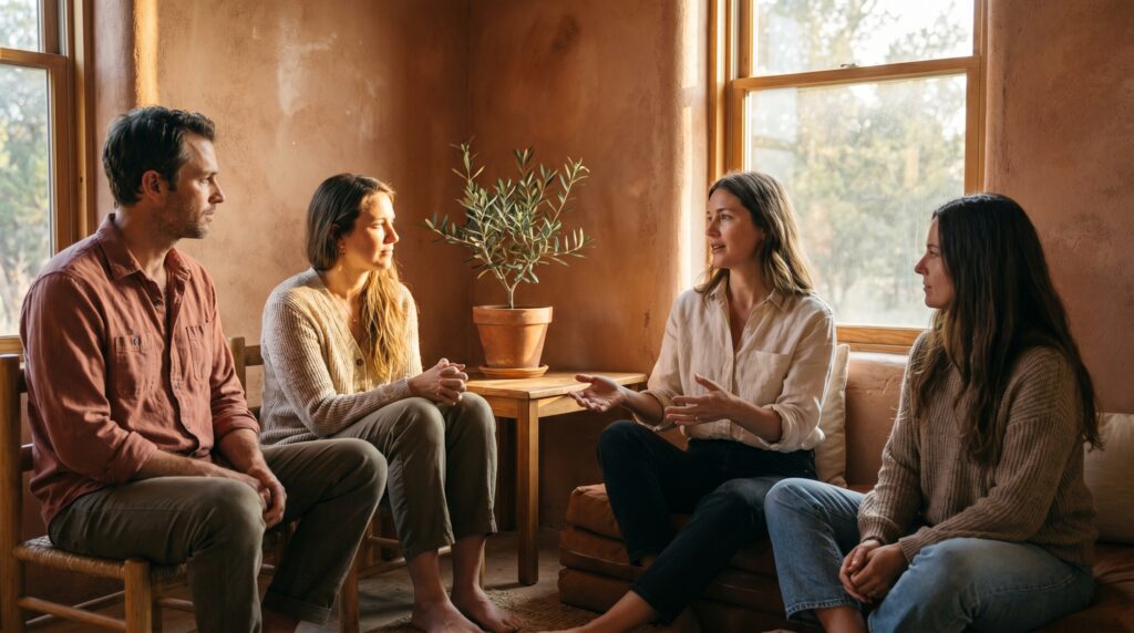 Four adults seated in a warm workshop room in candid conversation