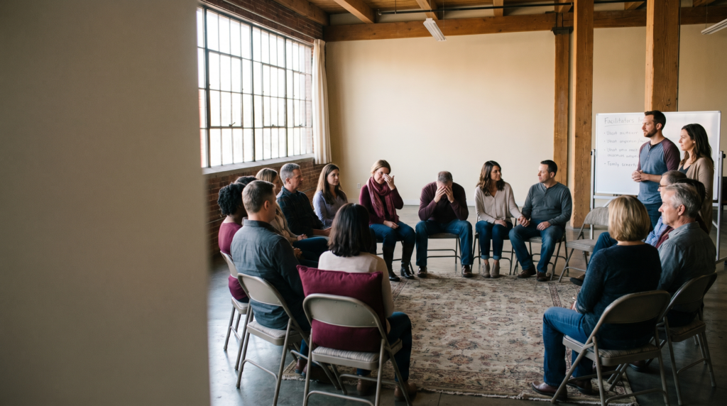 Two-day relational skills bootcamp — facilitator leading a circle of participants in a sunlit room