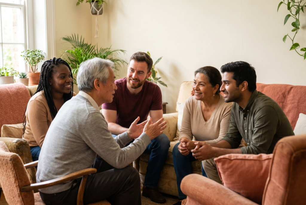 Diverse small group of five adults of different ages and ethnicities sitting together in honest conversation in a warm, sunlit living room