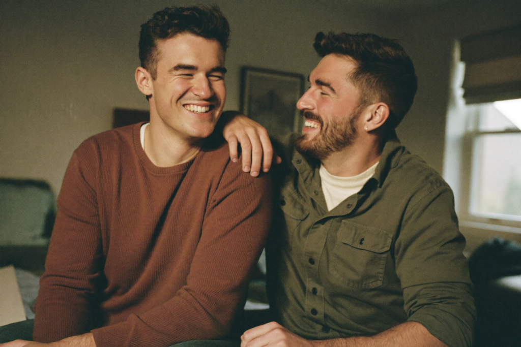 Two men laughing together at home