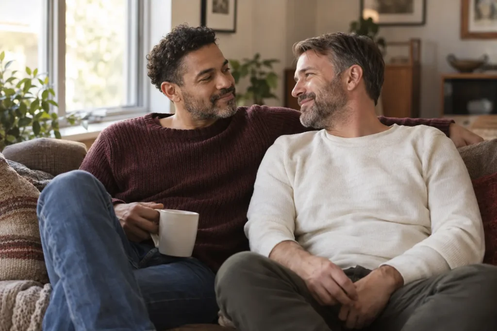Mixed-race gay couple sharing a warm moment together at home