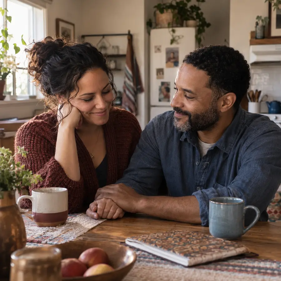 Illustrative photo of a couple reconnecting at home