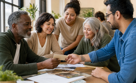 A diverse group reviewing donation materials together