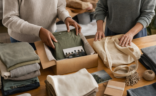 Volunteers packing soft apparel and a tote bag on a wooden table